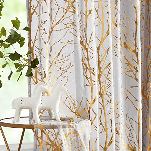 FMFUNCTEX Voile Gardinen mit Ösen Goldfolie Grau Baumzweigen Bedruckt Transparente Gardinen Vorhänge Luxuriös Modern Ösenschals für Wohnzimmer Schlafzimmer(Gold auf Grau,127×225cm) von FMFUNCTEX