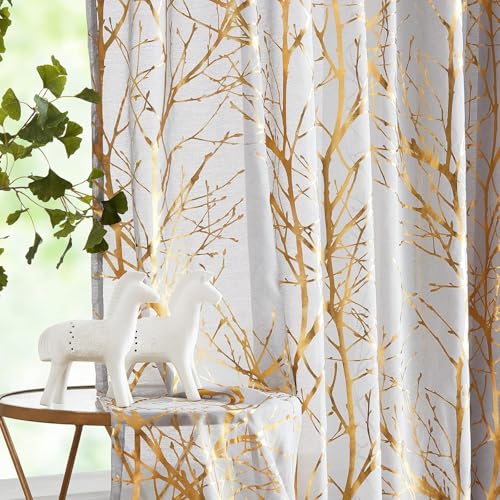 FMFUNCTEX Voile Gardinen mit Ösen Goldfolie Grau Baumzweigen Bedruckt Transparente Gardinen Vorhänge Luxuriös Modern Ösenschals175cm von FMFUNCTEX