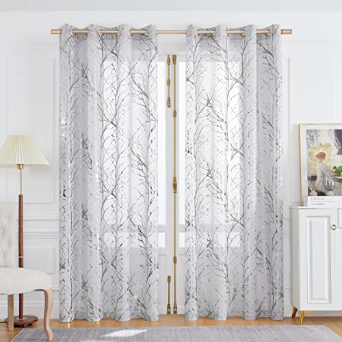 FMFUNCTEX Voile Gardinen mit Ösen Silber Folie Grau Baumzweigen Bedruckt Transparente Gardinen Vorhänge Luxuriös Modern Ösenschals für Wohnzimmer Schlafzimmer(Silber auf Grau,127×225cm) von FMFUNCTEX