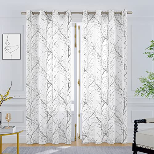 FMFUNCTEX Voile Gardinen mit Ösen Silber Folie Weiß Baumzweigen Bedruckt Transparente Gardinen Ösenschal Vorhänge Luxuriös Modern Ösenschals für Wohnzimmer Schlafzimmer(Silber auf Weiß,127×225cm) von FMFUNCTEX