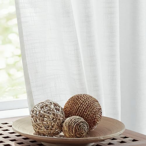 FMFUNCTEX Weiße durchsichtige Vorhänge für Wohnzimmer Schlafzimmer Leinenstruktur Sichtschutz Fenster Vorhang Set 132 cm B x 137 cm L 2 Paneele Ösen von FMFUNCTEX