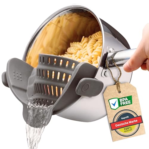 FMH PREMIUM Nudelsieb BPA frei - Küchensieb für Topf, Pfanne und Schüssel - Küchenhelfer Sieb Küche als perfekte Abgießhilfe - Gadget für den Haushalt, spühlmaschinenfest (grau) von FMH