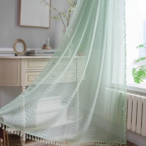 FMIYJUN Vorhänge, Bauernhaus, Häkeln, Stricken, Grün, Bohemian-Stil, hohl, Spitze, Quasten, Stangentasche, halbtransparent, für Schlafzimmer, Wohnzimmer (150 x 180 cm) von FMIYJUN