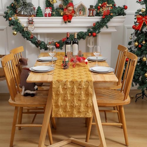 Tischläufer mit 3D-Weihnachtsbaum-Muster, Plüsch, Jacquard-Kunstfell, für Zuhause, Party, Weihnachtsdekoration (33 x 233 cm), Gelb von FMIYJUN