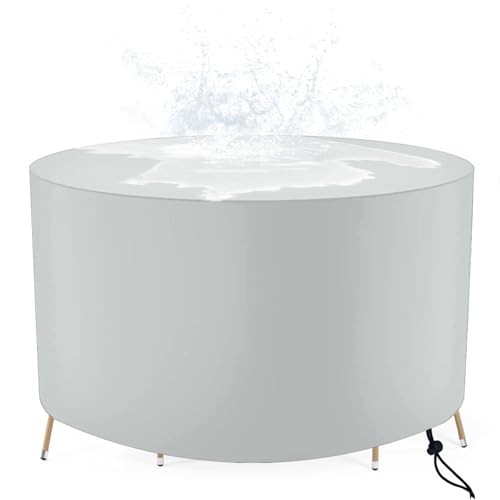 FMJTXD Gartenmöbel Abdeckung Wasserdicht, ‎Ø‎100x50 cm, Winterfest Abdeckplane Gartenmöbel, 420D Oxford Gewebe Abdeckhaube Gartentisch Rund, Schutzhülle Tisch für Gartentisch Sitzgruppe von FMJTXD