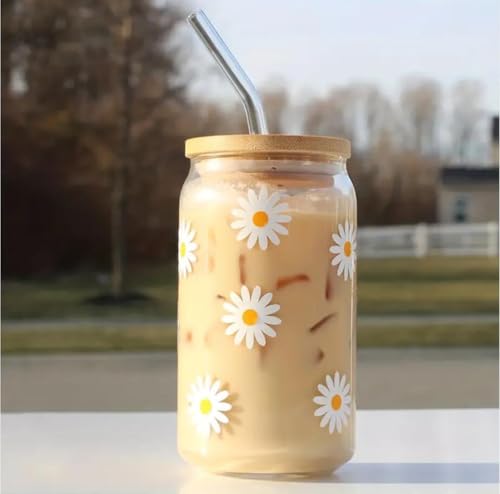 Daisy Cup 16oz Iced Coffee Cup, Nette Glasschalen mit Bambus Deckeln und Strohhalmen Bier Dose Milch Mokka Tassen Frühstücksbecher Mädchen Frauen Urlaub 500ml von FMJZJF