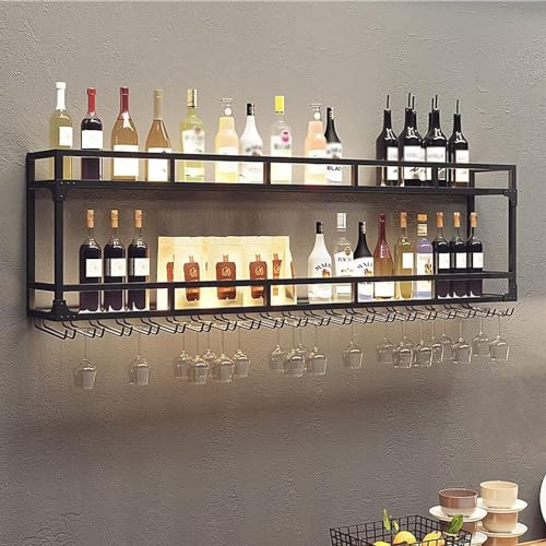 Industrielles Wand-Weinregal Mit Lichtern, Flaschenhalter Aus Schwarzem Metall, Multifunktionales Weinlager-Präsentationsregal Für Zuhause, Bar, Esszimmer, Küche von FMOGGE