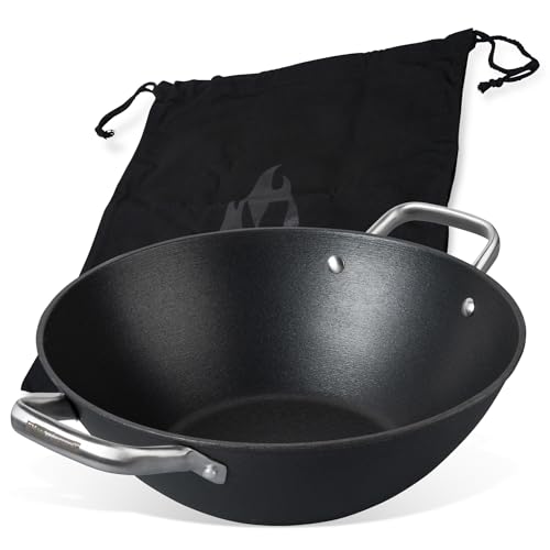 FMprofessional Force Wok aus Gusseisen 32 cm – Wokpfanne mit hochwertiger Antihaftbeschichtung – Geeignet für alle Herdarten (auch Induktion) – ca. 33 x 42,8 x 12 cm von FMprofessional