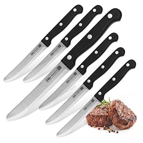 FMprofessional Steakmesser/Pizzamesser 6er-Set, Fleischmesser mit Funktionsteil aus Edelstahl, hochwertiges Messer (Farbe: Schwarz/Silber), Menge: 6 Stück von FMprofessional