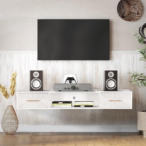 FNCK Schwebender TV-Ständer zur Wandmontage, modernes Unterhaltungszentrum für 55-Zoll-Fernseher, Medienkonsole, Regal, Schrank für unter dem Fernseher, Wohnzimmermöbel, Weiß FNCK Schwebender TV-Ständer zur Wandmontage, modernes Unterhaltungszentrum für 55-Zoll-Fernseher, Medienkonsole, Regal, Schrank für unter dem Fernseher, Wohnzimmermöbel, Weiß von FNCK