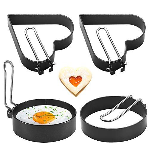 FANDE Omelettring, 4PCS Antihaft-Omelettpfanne aus Edelstahl mit Klappgriff, Küchenkochform, Verwendet für Spiegeleier, Muffins, Hamburger, Steaks, Kartoffelpuffer (rund + Herzform) von FNDE