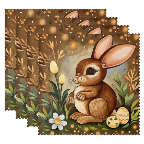 Platzdeckchen, Tischsets, Platzsets waschbar, Ölgemälde Braun Hase, Ostern, Tischmatten 4er Set von FNETJXF