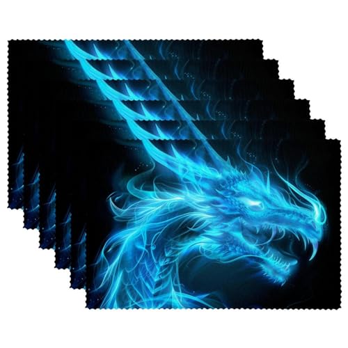 Platzdeckchen,Tischset,Tischsets Abwaschbar,Drachenblau Kunst Feuer,Tischmatten 6er Set,Tischsets Platzdeckchen 4er Set von FNETJXF