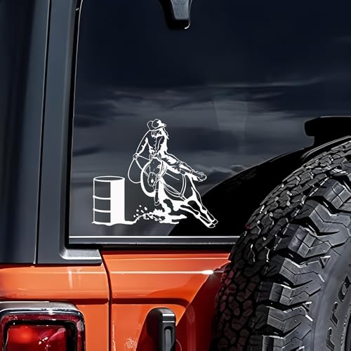​Cowboy Barrel Racing Aufkleber​ – Western Design mit Pferd & Fass – Schwarz-Weiß Vinyl-Sticker für Auto, Laptop & mehr – Wetterfest & rückstandslos entfernbar (15x17.8cm, 2er-Set) von FNGEEN