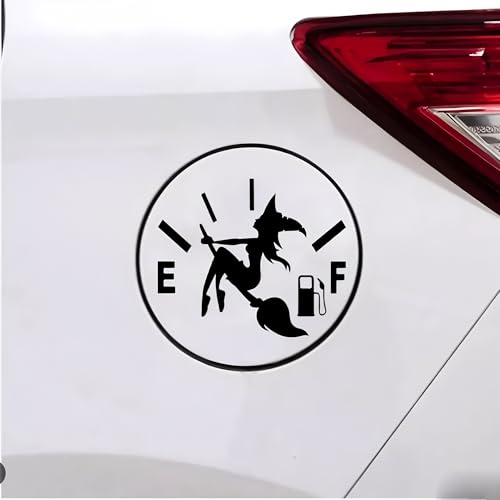 Hexen Tankdeckel Aufkleber für Autos - Magische Hexe auf Besen mit E/F Benzinsymbol - Wetterfester Vinyl-Sticker - Cooles Halloween Design (10x12cm, 2er-Set) von FNGEEN