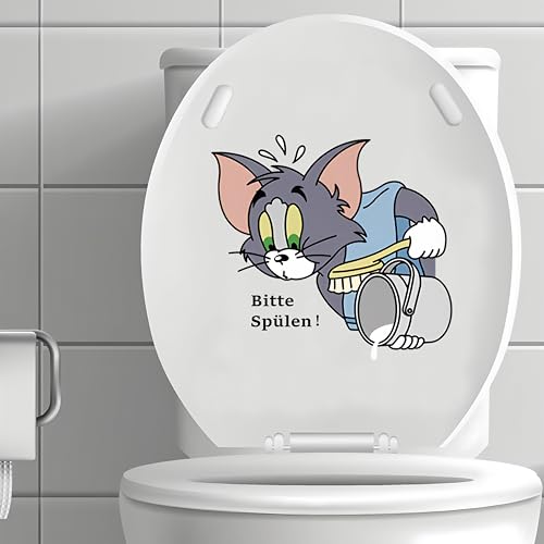 Toilettenaufkleber "Bitte Spülen!" mit Tom aus Tom und Jerry - Lustiger Cartoon-Sticker für WC-Deckel - Wetterfester Vinyl-Aufkleber (20x21cm, 2er-Set) von FNGEEN