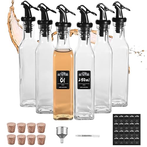 FNLLC Ölflasche,Ölspender mit Trichter 6 x 250 ml, Ölflasche aus Dickem Glas ohne Blei, Essig und Ölflaschen Set für Küche und BBQ, Öldüse und Korkdeckel mit Guter Luftdichtigkeit von FNLLC