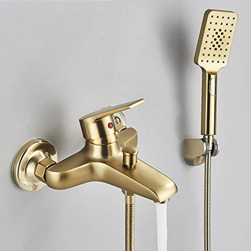 FNNEMG Badewannenarmatur Mit 3 Arten Modus Handbrause, Gebürstetes Gold, Wandmontage Wannenarmatur Messing Wannenfüller, Einhand Kalt Und Warmwasser Wannenmischbatterie von FnnEmg