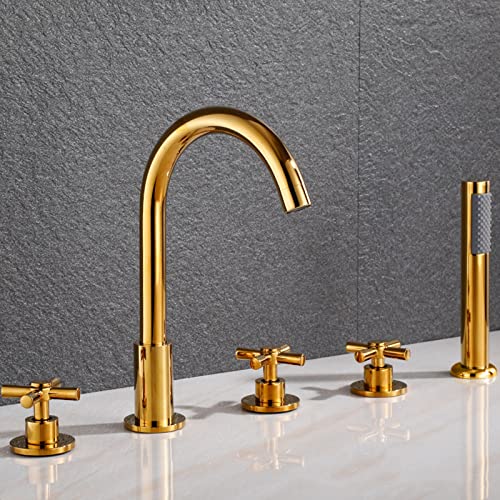 FNNEMG Wannenrandarmatur 5 Loch Wannenarmatur mit Handbrause Wasserhahn Dusche Doppelter Kreuzgriff Badewannenarmatur Set,Gold von FNNEMG