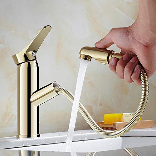 messing, wasserhahn ausziehbar, waschtischarmatur, wasserhahn bad mit zugstange, waschtischarmatur warmen und kalten, ausziehbar- gold_ von FNNEMG