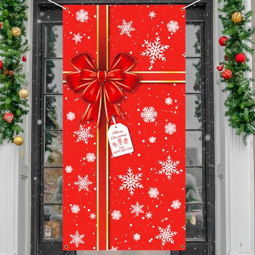 Weihnachtstürabdeckung, rote große Weihnachtsschleife, Geschenk-Box, Tür-Banner, Schild, 3D-Schleife, Schneeflocke, Weihnachts-Türdekoration, Schneeflocken-Fotografie-Hintergrund, für Frohe von FNSIGHD