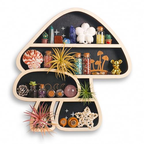 FNYDOX Niedliches Pilz-Dekor, schwimmendes Pilzregal aus Holz für die Wand, Kristall-Ausstellungsregal, Stein-Ausstellungsregal, Wandmontage von FNYDOX