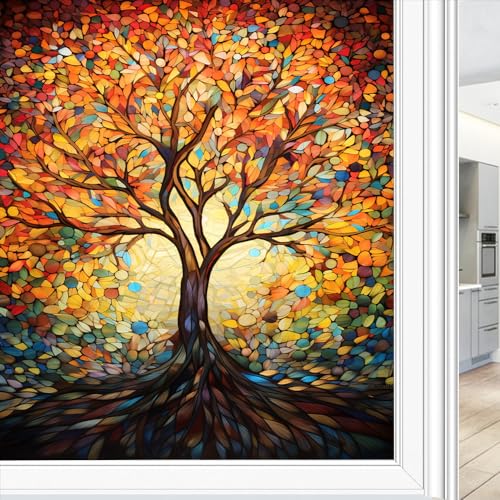 Abstrakte Bäume Sichtschutz Fensterfolie Bunte Natürliche Pflanzen Buntglas Fensterabdeckungen Kein Kleber Statisch Haftende Fensterfolie für Home Office Stores 45 x 60 cm von FOCCAR