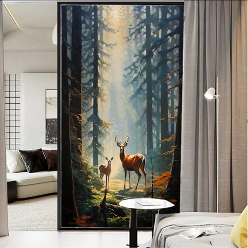 Abstrakte Hirsch-Sichtschutz-Fensterfolie, wilde Natur-Tiere, moderne Waldlandschaft, Buntglas-Fensterabdeckungen, kein Kleber, statische Haftung, Fensterfolie für Zuhause, Büro, Geschäfte, 45 x 60 cm von FOCCAR