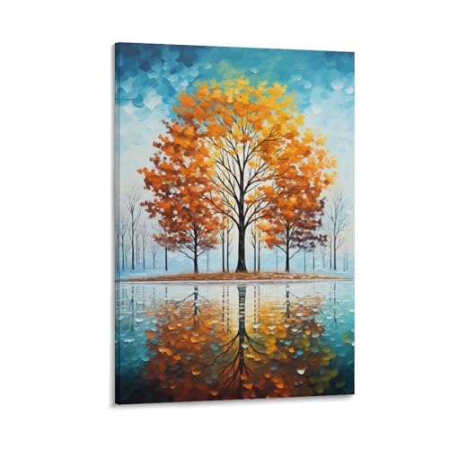 Aquarell Herbstbaum Leinwand Wanddekoration Reflexion Baum Herbst Wald Poster Wandkunst für Wohnzimmer Schlafzimmer Kunstwerk von FOCCAR