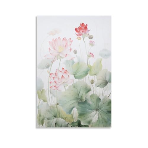 Aquarell-Lotus-Leinwand-Kunstdruck, gerahmt, Blumenpflanzen, Natur, modern, rustikal, fertig zum Aufhängen, Leinwanddruck, Poster, Wandkunst von FOCCAR