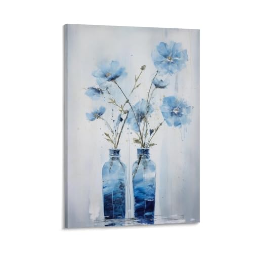 Blaue Vase Blumengemälde auf Leinwand Wandkunst Moderne Pflanzen Aquarell Blumenstrauß Leinwanddrucke Poster Wanddekoration für Heimdekorationen von FOCCAR