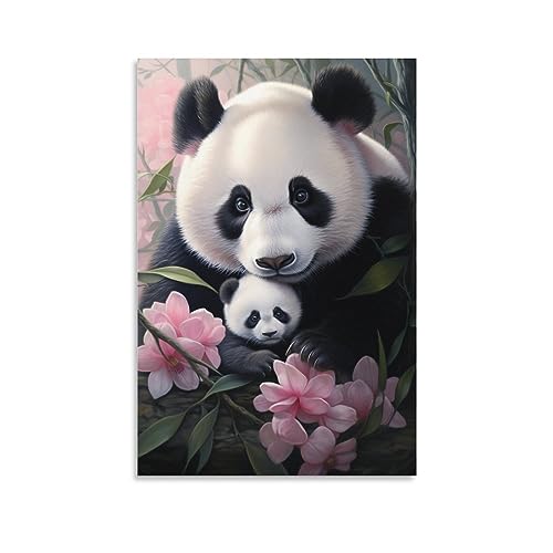 Blumen-Panda, Leinwand-Wanddekoration, Landschaft, Panda, Mutter und Baby, Poster, Wandkunst für Wohnzimmer Schlafzimmer Kunstwerk von FOCCAR