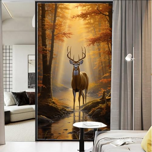 Bunte Hirsch-Fensterfolie, dekorativ, modern, Herbsttiere, Natur, Wald, Pflanzen, Buntglas, Fensterfolie, Sonnenblockierung, Hitzekontrolle, kein Kleber, Fensterabdeckungsfolie für Zuhause, Büro, 60 x von FOCCAR