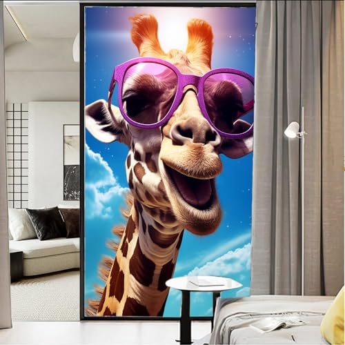 Cartoon Giraffe Fensterfolie, Sonnenblockierung, glückliches Tier mit Sonnenbrille, moderne Buntglas-Fensterfolie, kein Kleber, dekorative Fensterhaftung für Fenster und Glastür, 45 x 60 cm von FOCCAR