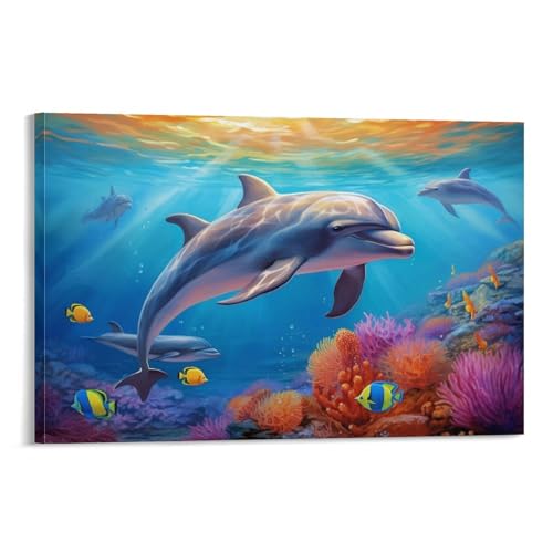 FOCCAR Bunte Delfin-Gemälde auf Leinwand, Wandkunst, Cartoon, natürlicher Ozean, niedliche Tiere, Leinwanddrucke, Poster, Wanddekoration für Heimdekorationen von FOCCAR