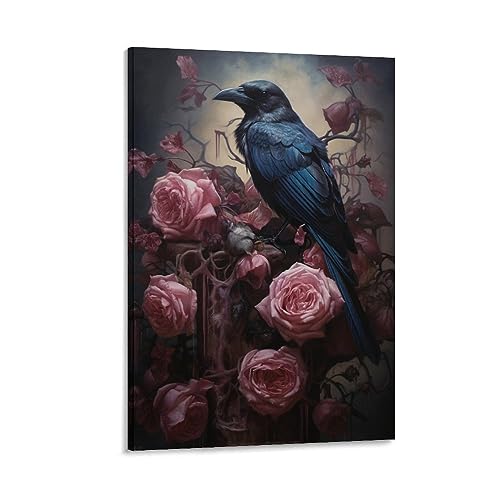 FOCCAR Elegante Krähen bedruckte Leinwand Poster Rustikale Vintage Rose Schwarz Vogel Wanddekoration für Wohnzimmer Schlafzimmer Wandkunst von FOCCAR