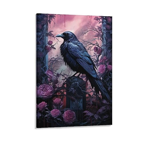 FOCCAR Leinwand-Wandkunst, Retro-Krähe, Wanddekorationen für Wohnzimmer, rustikale Vintage-Rose, schwarzer Vogel, zum Aufhängen von Bildern, Wandkunst von FOCCAR