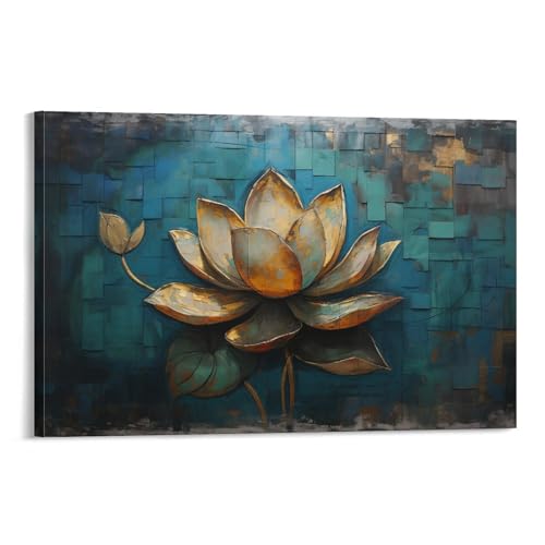 FOCCAR Leinwand-Kunst, goldener Lotus, Wanddekorationen für Wohnzimmer, Vintage-Blätter, Blumen, hängende Bilder, Wandkunst von FOCCAR