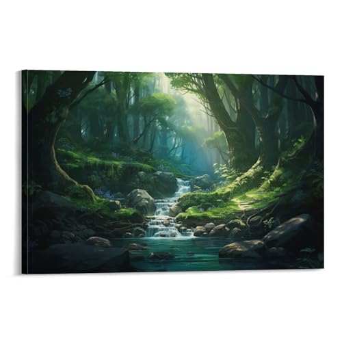 Grüner Wald bedruckte Leinwand Poster Tropischer Bach Natur Baum Landschaft Wanddekoration für Wohnzimmer Schlafzimmer Wandkunst Kunstwerk von FOCCAR