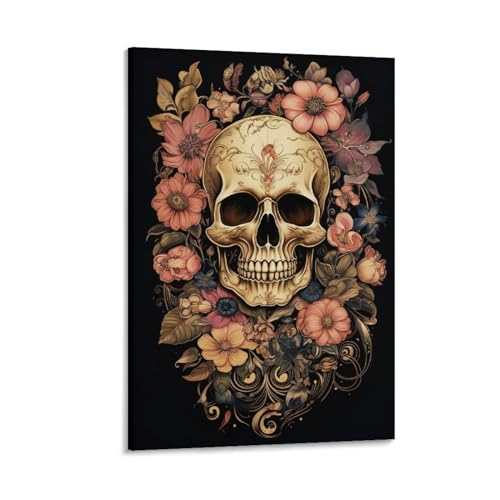 Horror-Totenkopf-Wandkunstdrucke, bunte Retro-Blume, goldenes Skelett, Bilder auf Leinwand, Poster, Wanddekoration für Schlafzimmer, Heimdekorationen von FOCCAR