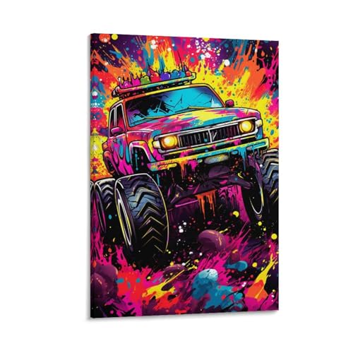 Kunstdruck auf Leinwand, Motiv: abstrakter Monstertruck, gerahmt, farbenfrohes cooles Auto, fertig zum Aufhängen, Leinwanddruck, Poster, Wandkunst von FOCCAR