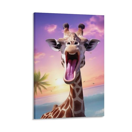 Kunstdruck auf Leinwand, Motiv: lustige Giraffe, gerahmt, offener Mund, Tier, blaues Meer, Cartoon, fertig zum Aufhängen, Leinwanddruck, Poster, Wandkunst von FOCCAR