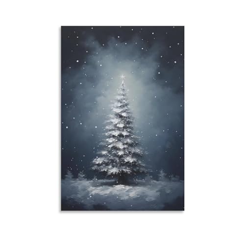 Kunstdruck auf Leinwand, abstrakter Weihnachtsbaum, gerahmt, Winterschnee, Pflanzen, Natur, fertig zum Aufhängen, Leinwanddruck, Poster, Wandkunst von FOCCAR