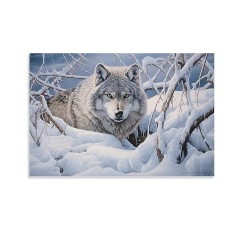 Kunstdruck auf Leinwand, gerahmt, Motiv: Schnee-Zweig, Wolf, modern, fertig zum Aufhängen von FOCCAR