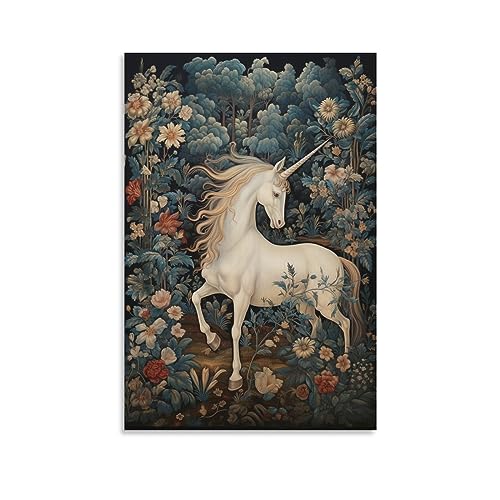 Leinwand Wandkunst Vintage Einhorn Wanddekorationen Für Wohnzimmer Niedliche Tier Blume Wald Natur Hängen Bilder Wandkunst von FOCCAR