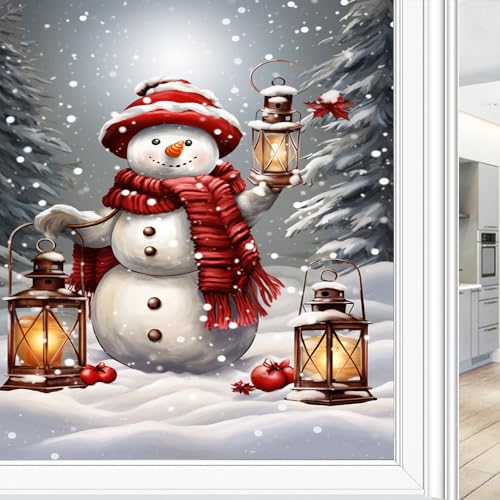 Lustiger Schneemann Fensterfolie Dekorativer roter Schal Hut Winterlandschaft Buntglas Fensterfolie Sonnenblockierung Hitzekontrolle Kein Kleber Fenster Abdeckfolie für Home Office 60 * 90cm von FOCCAR