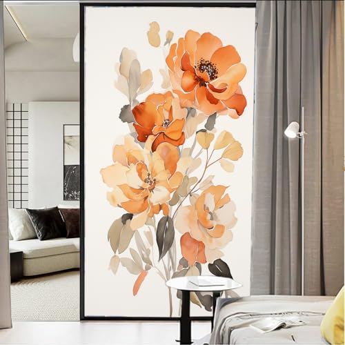 Moderne Blumen-Fensterfolie, Sonnenblockierung, Vintage, natürliches Orange, Blumenmuster, Buntglas-Fensterfolie, kein Kleber, dekorative Fensterhaftung für Fenster und Glastür, 90 x 160 cm von FOCCAR