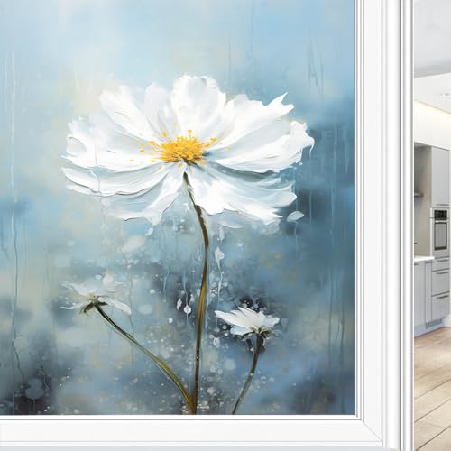 Moderne Gänseblümchen-Fensterfolie, Sonnenblockierung, abstrakte Wildweiße Blume, Buntglas-Fensterfolie, kein Kleber, dekorative Fensterhaftung für Fenster und Glastür, 60 x 90 cm von FOCCAR