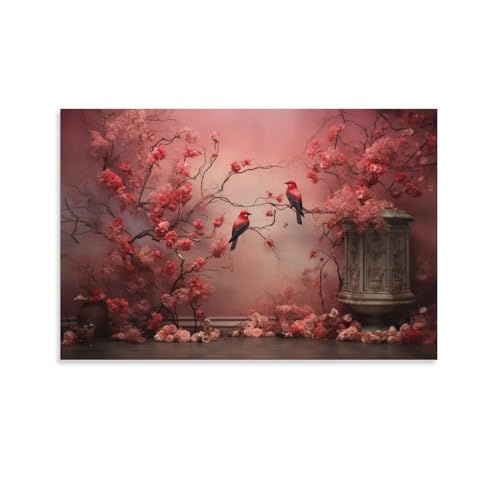 Moderne rote Tiere, Leinwanddruck, gerahmt, bunte Blumen, Vögel, fertig zum Aufhängen, Leinwanddruck, Poster, Wandkunst von FOCCAR