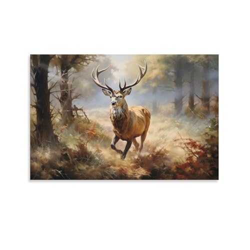 Moderner Hirsch Leinwanddruck gerahmt Natur Tiere rustikale Pflanzen Landschaft fertig zum Aufhängen Leinwanddruck Poster Wandkunst von FOCCAR
